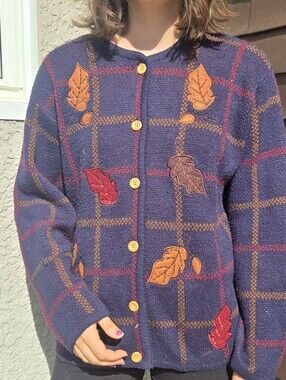 Women's Vintage 90s Grandma Core Plaid Fall Embroidered Button Front Sweater